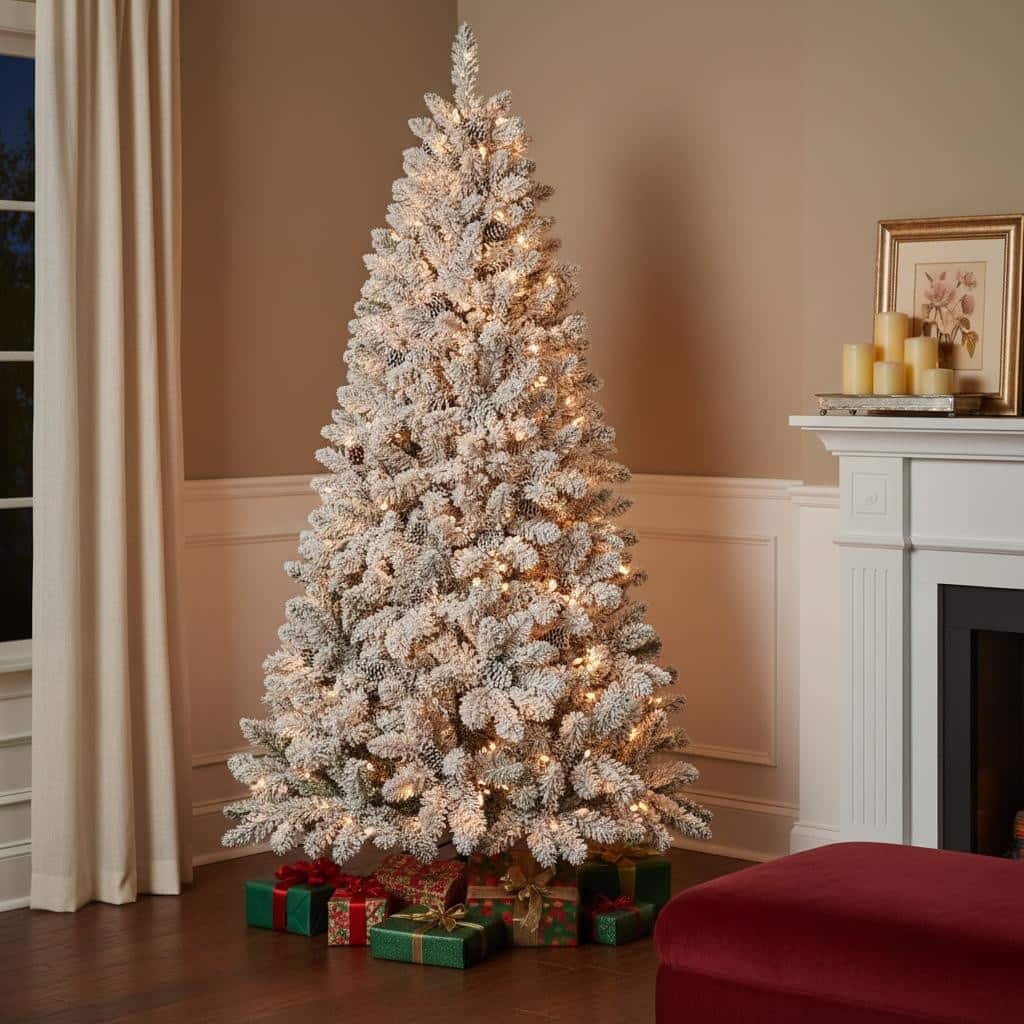 HomeRoots 8' Pre Lit Full Flocked Spruce Christmas Tree With Decorations - Green - 61.00 in. x 96.00 in. x 61.00 in.