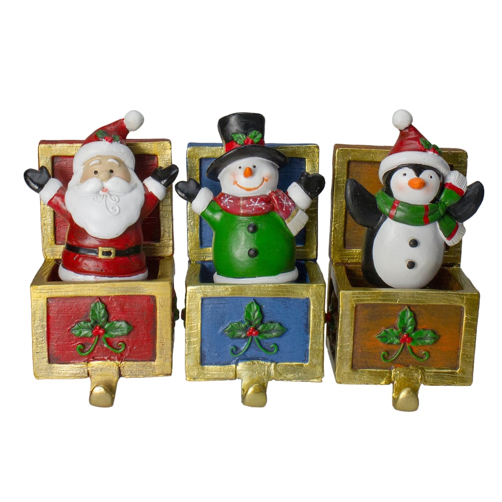 3 Santa, Snowman Penguin Jack in the Box Christmas Stocking Holders
