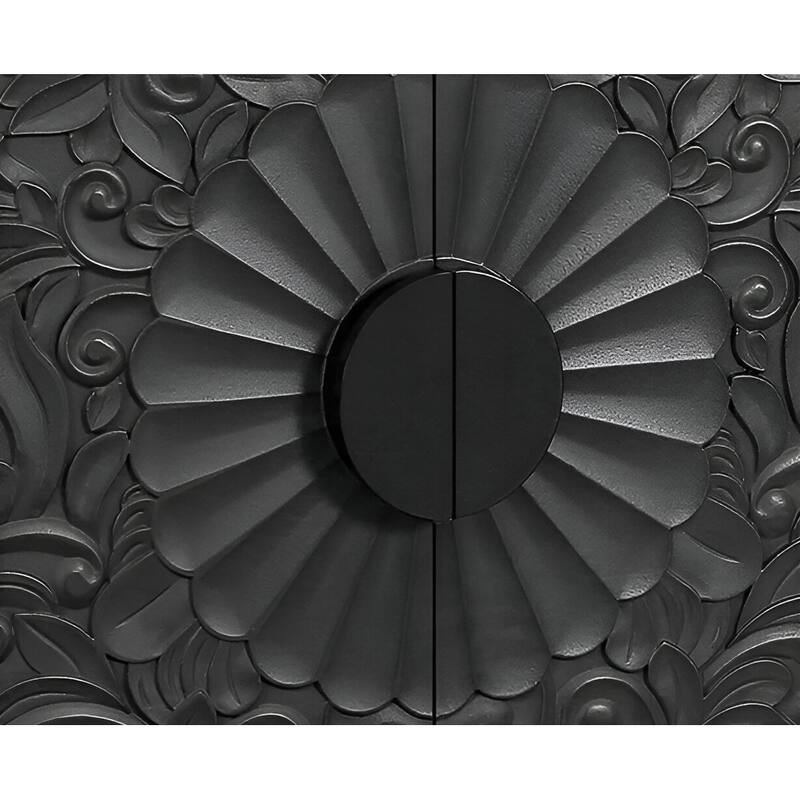 HomeRoots 68" Natural and Black Distressed Carved Floral Sideboard with Four Doors - 68.11' X '32' X '15.75