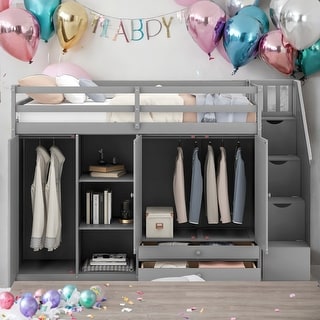 Modern Functional Twin Size Loft Bed With 3 Shelves,2 Wardrobes And 2 Drawers, Ladder With Storage