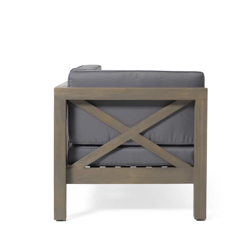 Brava Outdoor Acacia Wood Left Arm Loveseat Coffee Table and Chair Conversation Set with Cushions by Christopher Knight Home