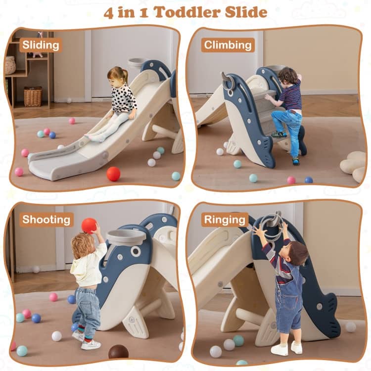 Foldable Freestanding Baby Slide Climber Playset with Basketball Hoop for Kids-Blue - Multi