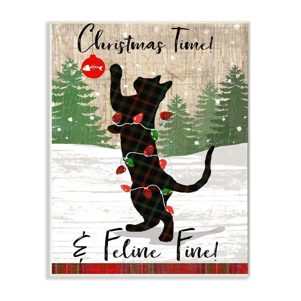 Stupell Country Holiday Christmas Time Phrase Family Cat Scene Wood Wall Art - Multi-Color