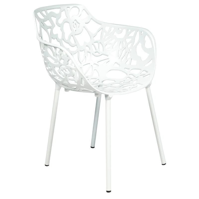 Devon Aluminum Dining Armchair with Floral Cutouts – Stackable, UV-Protected, Indoor/Outdoor Patio Side Chair - White