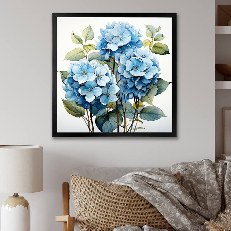Designart "Blue Hydrangea Flower Elegance II" Hydrangea Wall Decor Blue Traditional Entryway Framed Wall Art Print - 36 in. wide x 36 in. high - Black