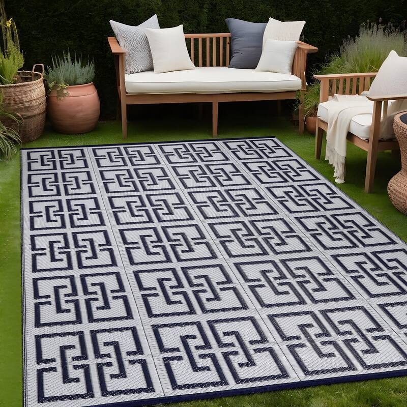 Beverly Rug Geometric Greek Key Outdoor Rug Waterproof for Patio, RV Camping