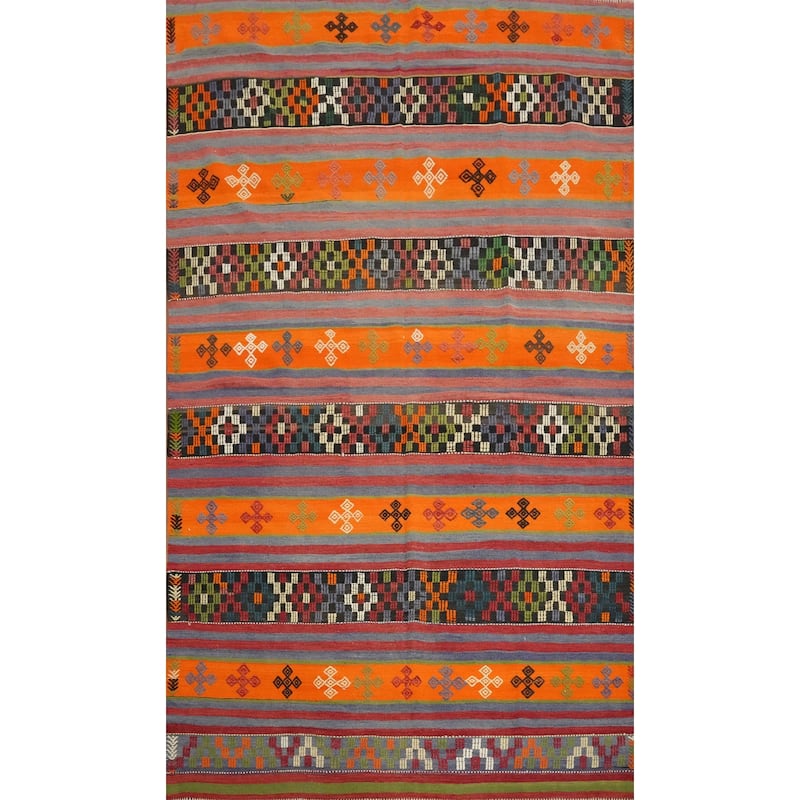 Hand Woven Oriental 100% Wool Carpet Southwestern Tribal Oranges & Rust Kilim Area Rug - 9' 6'' X 5' 10''