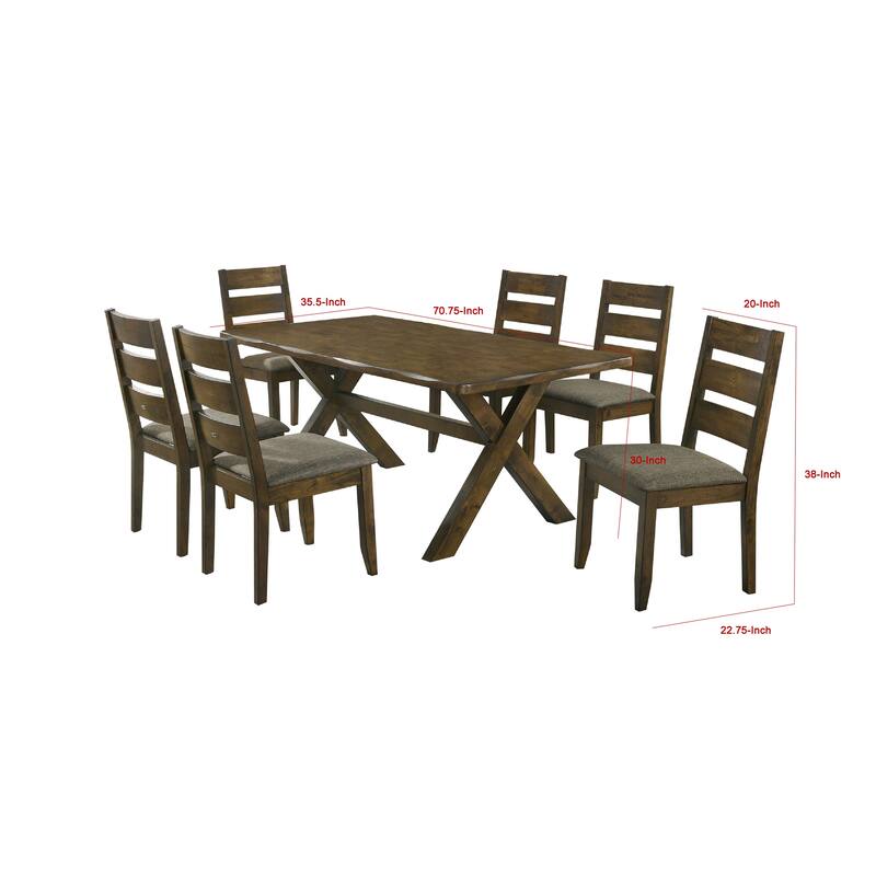 Siny 7pc Dining Table Set, Nutmeg Brown Finish, 6 Padded Side Chairs
