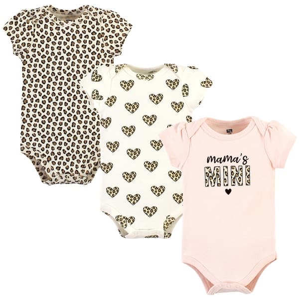 slide 1 of 1, Hudson Baby Infant Girl Cotton Bodysuits, Leopard Hearts Preemie - Leopard Hearts 3 Pack