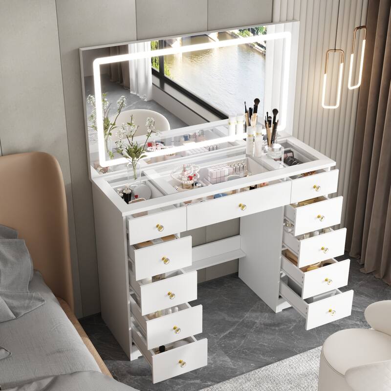 LED Lighted Makeup Vanity w/10 Drawer Modern Dressing Table for Bedroom Glass Top Vanity Table