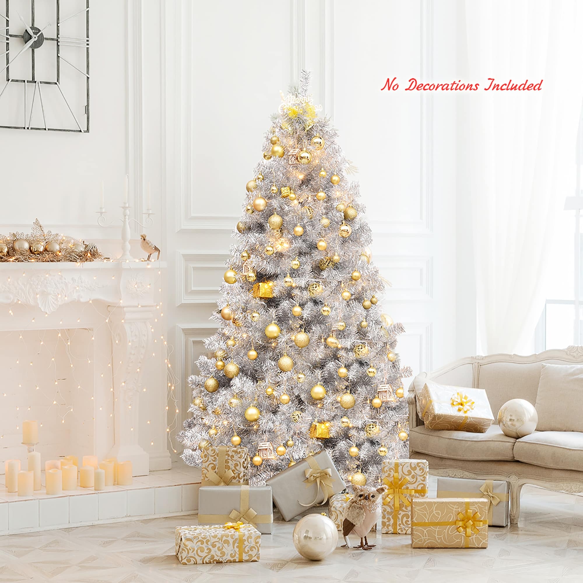 Costway 6Ft Hinged Unlit Artificial Silver Tinsel Christmas Tree - 6 FT