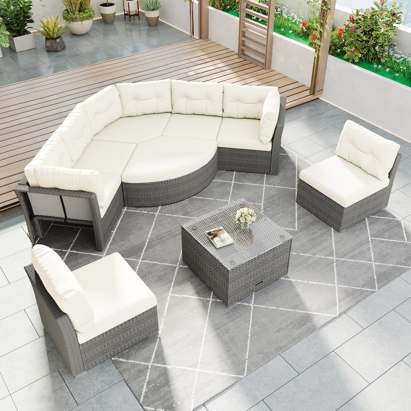 Rattan Sectional Outdoor Furniture Set with Cushions Modular Daybed Iron Frame for Patio Garden Use