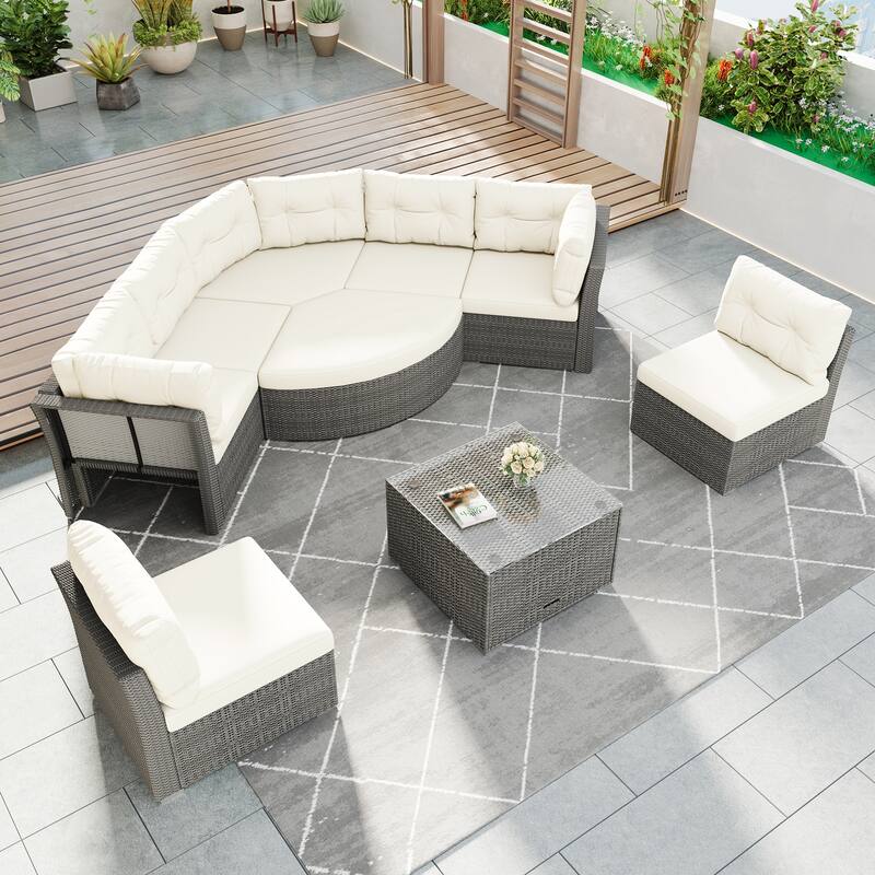 Roomfitters Outdoor Rattan Sectional Daybed Furniture Set with Cushions & Center Table for Patio