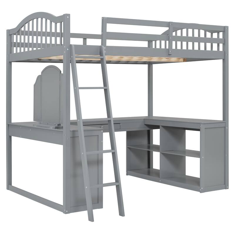 Full Size Pinewood Loft Bed with U-shaped Desk, Storage Compartments, and Tri-fold Mirror