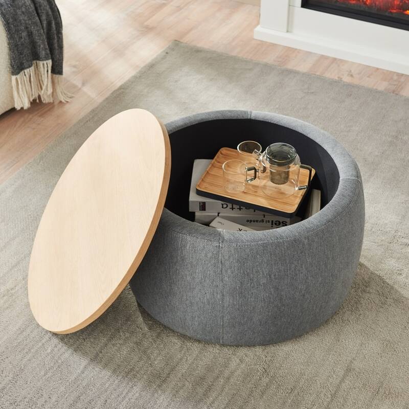 Round Storage Ottoman, 2 in 1 Function, Work as End table and Ottoman