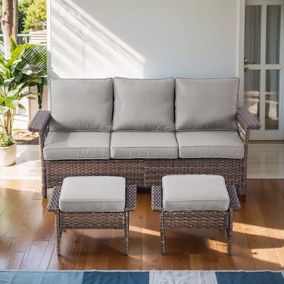 3 Pieces Patio Sofa Ottoman Set - Brown