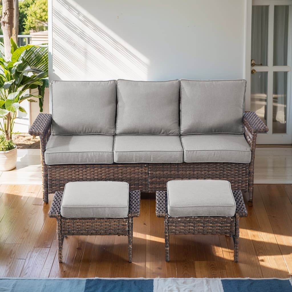 3 Pieces Patio Sofa Ottoman Set - Brown
