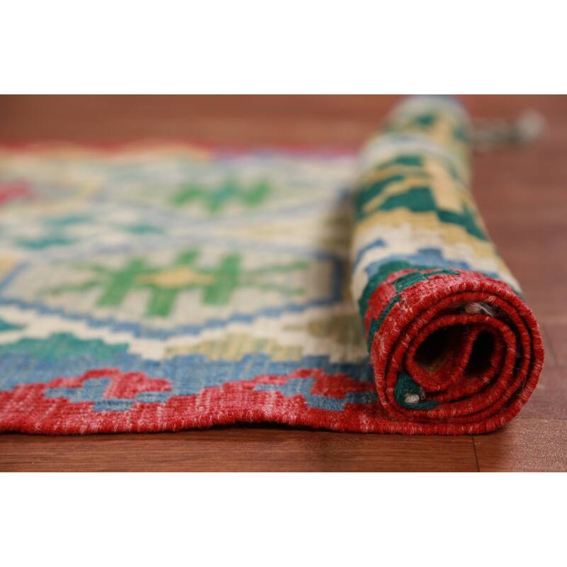 Hand Woven Oriental 100% Wool Carpet Southwestern All-Over Multi-Colored Kilim Runner Rug - 15' 11'' X 2' 10''