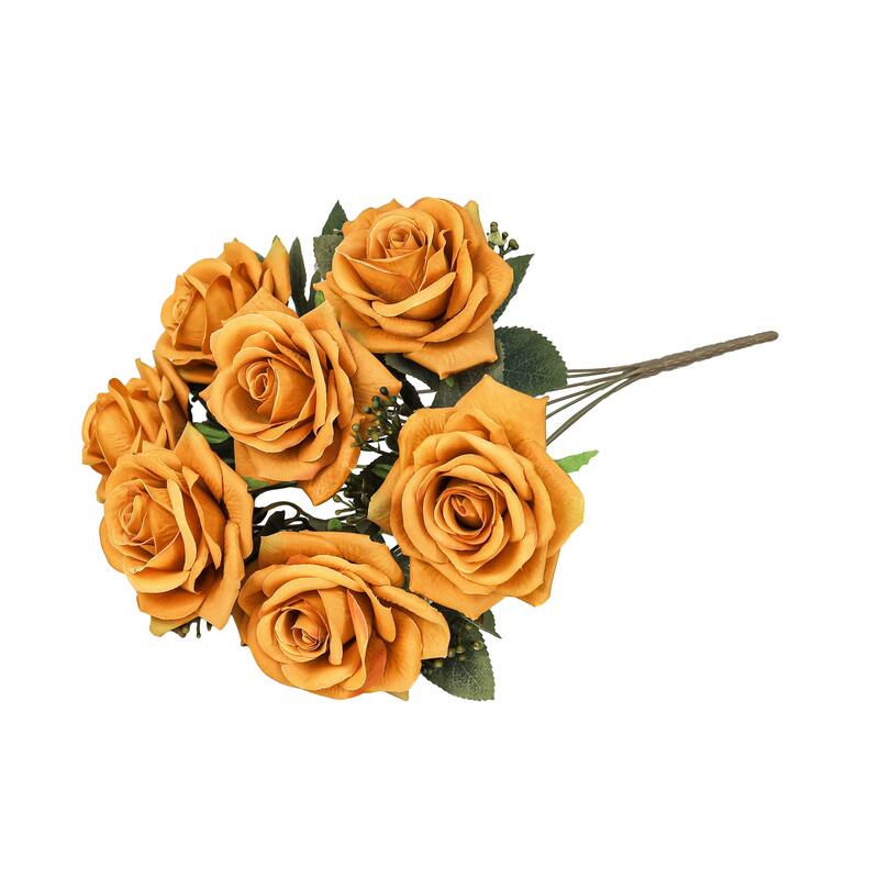 Set of 2 Dusty Orange Artificial Queen Tea Rose Flower Stem Bush Bouquet 17in - 17" L x 9" W x 9" DP
