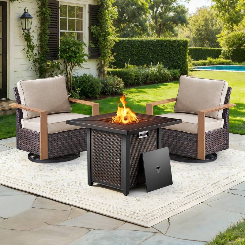Meyreso 3-Piece Wicker Swivel Glider Metal Fire Pit Set with Plush 4.5" Olefin Cushions