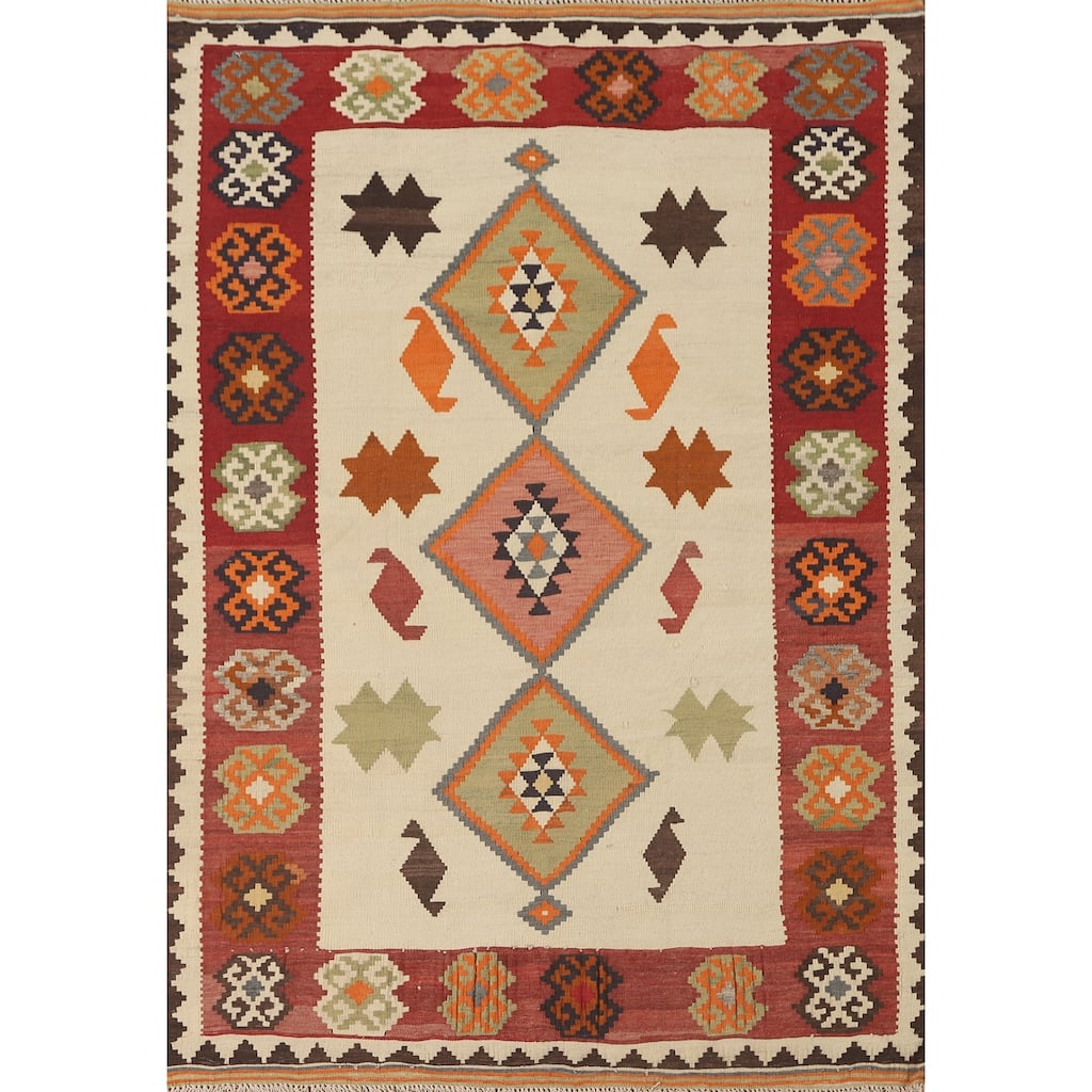 Beige / Ivory Kilim Qashqai Persian Vintage Rug Flatweave Wool Carpet - 4'3" x 6'1"