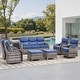 preview thumbnail 115 of 189, Pocassy Outdoor Wicker Sofa with Swivel Chair Fire Pit Table Furniture Set. Gray Wicker & Blue Cushion - 7 Pieces Sofa Siwvel Chair with  Ottoman