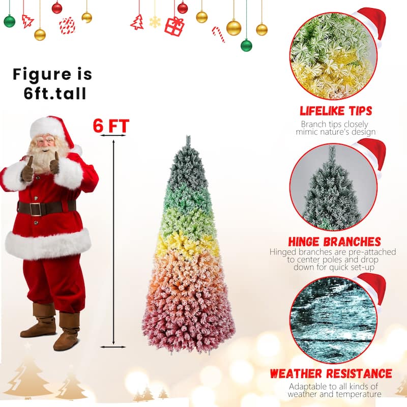 7.5ft Rainbow Gradient Flocked Christmas Tree with 1927 Tips, Artificial Pine with Snowy Finish, Hinged Design and Metal Stand