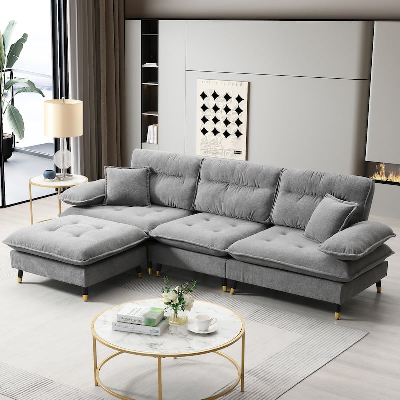 Grey 106" L-Shaped 4-Seat Convertible Sofa with Adjustable Legs and Ottoman - Gray
