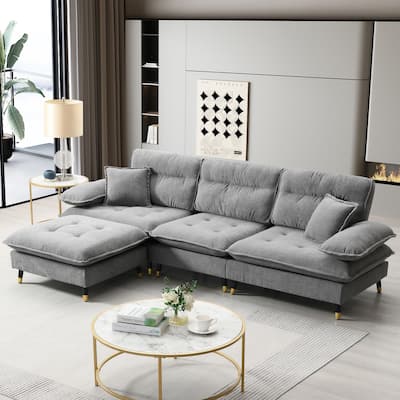 Grey 106'' L-Shaped 4-Seater Convertible Sectional Sofa with Adjustable Two-Tone Legs, Movable Ottoman