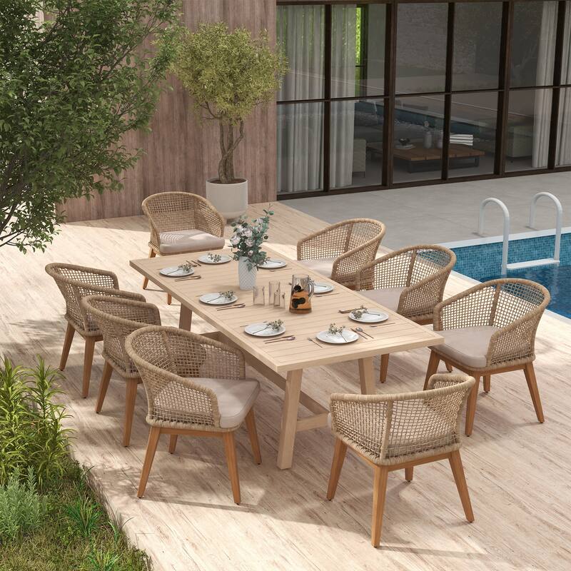 Outdoor Patio 9-Piece Dining Set With Rope-Woven Dining Chairs