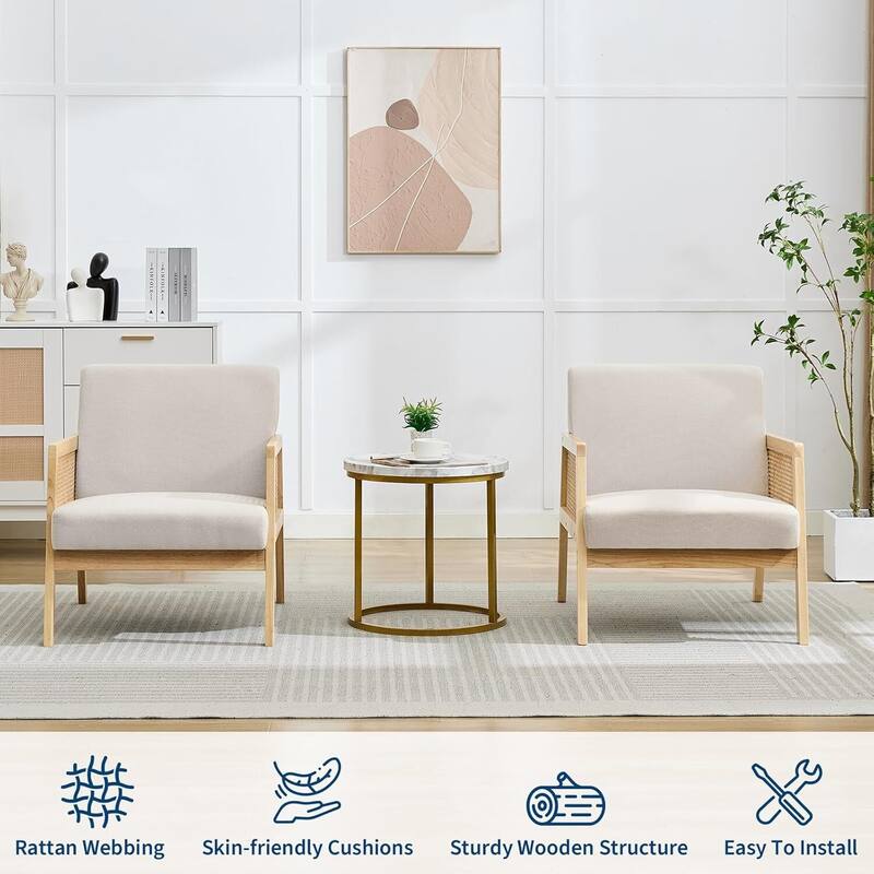 Set of 2 Rattan Armchairs with Thick Cushions for Bedroom, Reading Nook