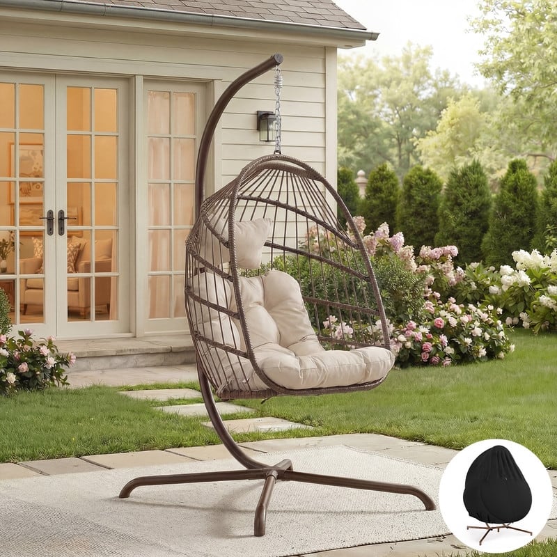 Oversized Wicker Hanging Egg Chair with Stand, Outdoor Indoor Swing Chair with Cushion, 350 lb Capacity - Brown/Cover