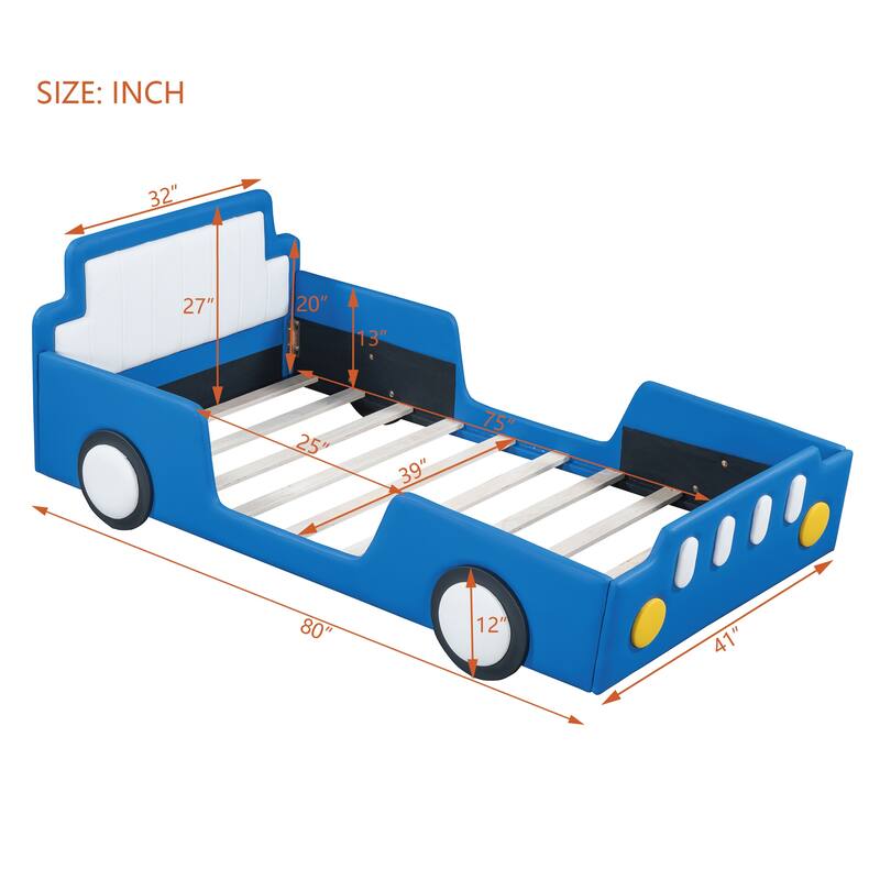 Race Car-Shaped Twin Platform Bed with Wheels, Blue