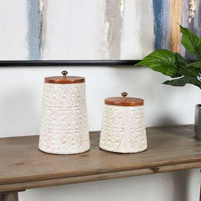 Cream Paper Mache Handmade Carved Triangle Tribal Decorative Canisters with Brown Removable Lids and Antique Knobs (Set of 2)