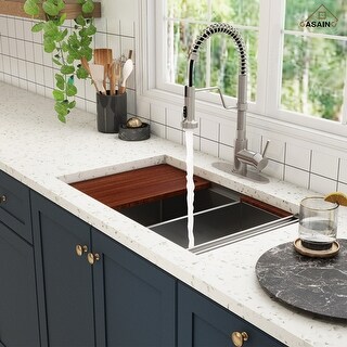 All-in-One Kit Undermount Single Bowl 16 Gauge Nano Brushed Stainless Steel Workstation Kitchen Sink with Faucet and Accessories