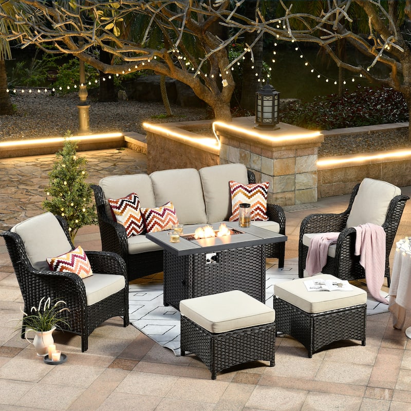 OVIOS 6-piece Patio Wicker Furniture Set With 42" Fire Pit Table - Beige