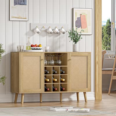 Anmytek Farmhouse Wood Rattan 2 Door Kitchen Buffet Sideboard Storage Wine Cabinet with Wine Rack and Glass Holder