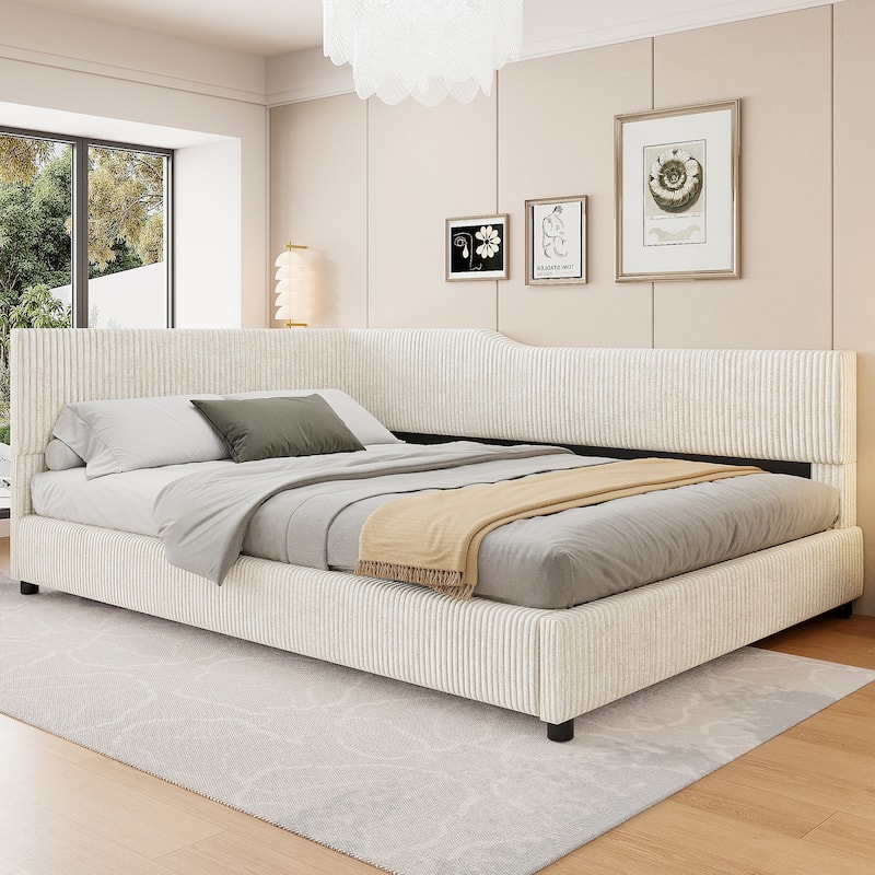Full Size L-Shaped Corduroy Daybed, Upholstered Sectional Sofa Bed for Guest Room