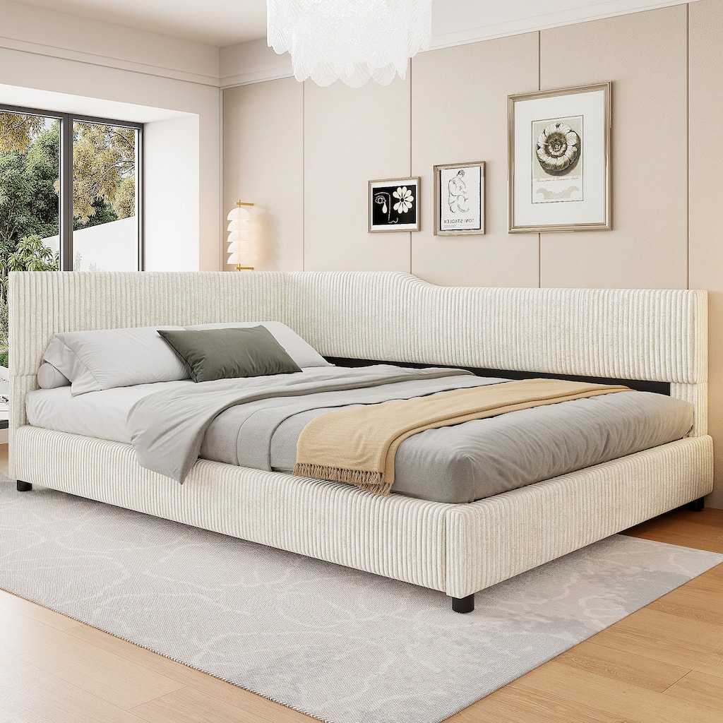 Full Size L-Shaped Corduroy Daybed Upholstered Daybed for Home Office