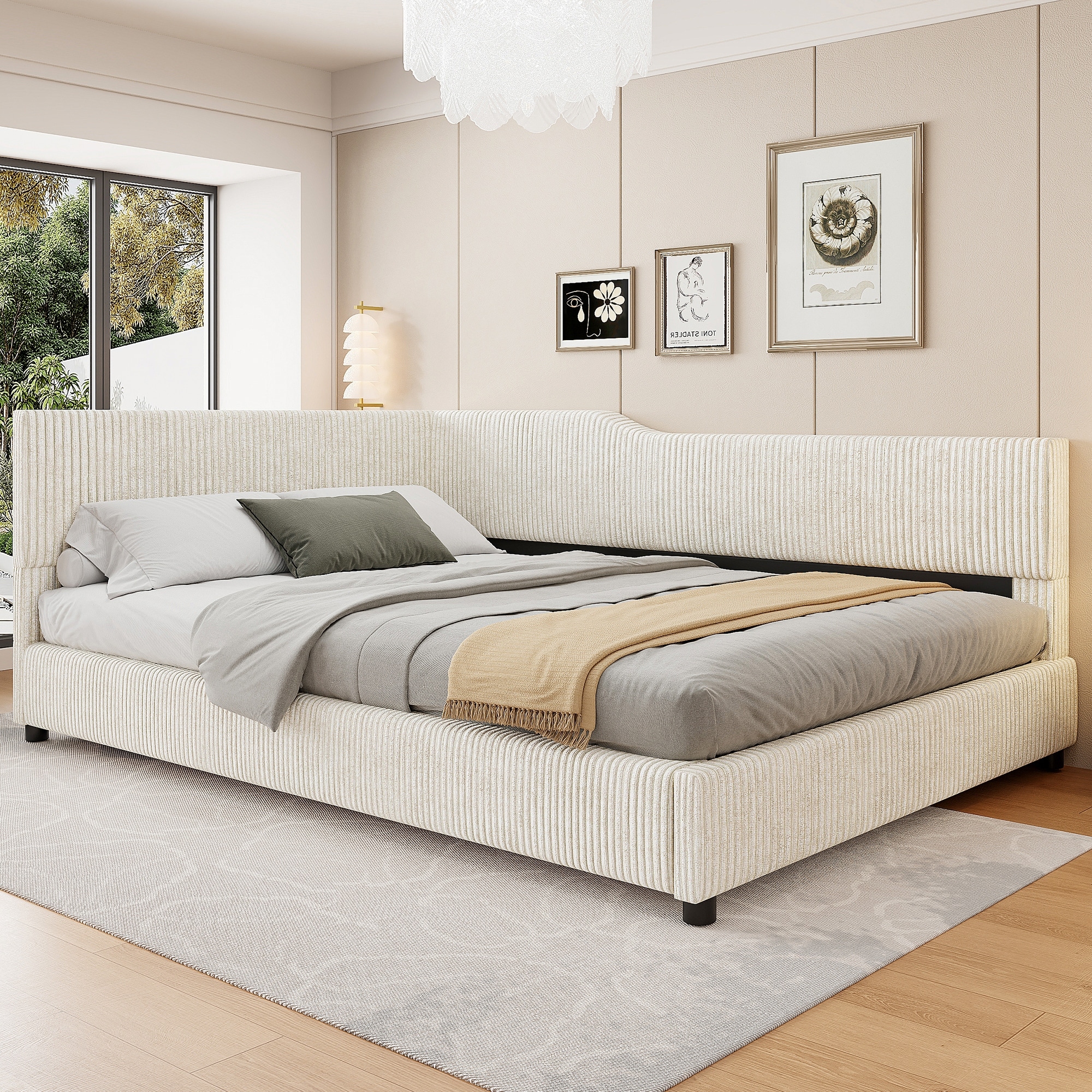 Full Size L-Shaped Corduroy Daybed Upholstered Daybed for Home Office