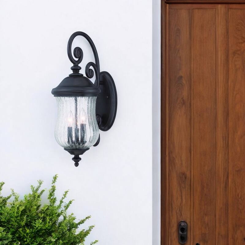 Matte Black Glass Outdoor Wall Light with 3 Light LED Seeded Shade Flush Mount - 13.5” x 9” x 24” (D x W x H)