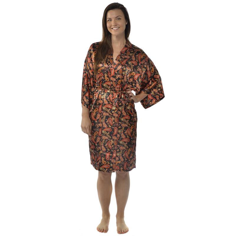 Leisureland Women's Paisley 42-inch Satin Charmeuse Kimono - Black