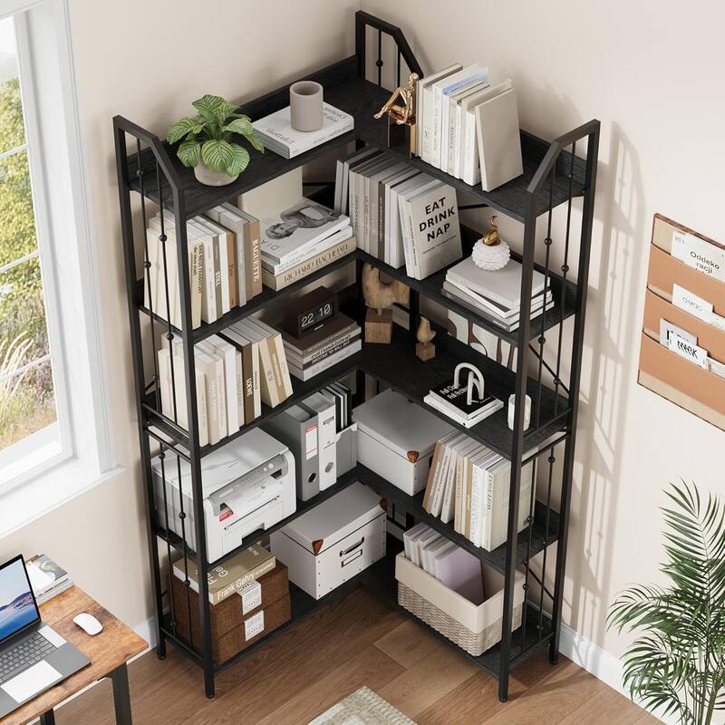 72" 5 Tier Industrial Corner Bookshelf, L-Shaped Bookcase - N/A