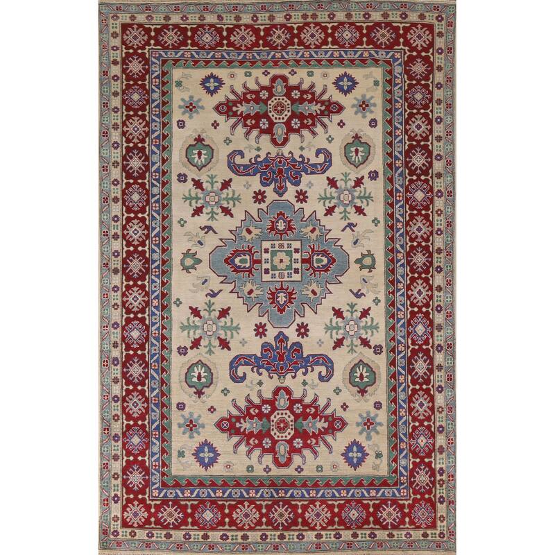 Hand Knotted Oriental 100% Wool Carpet Traditional Geometric Beige & Ivories Kazak Area Rug - 10' 1'' X 6' 7''