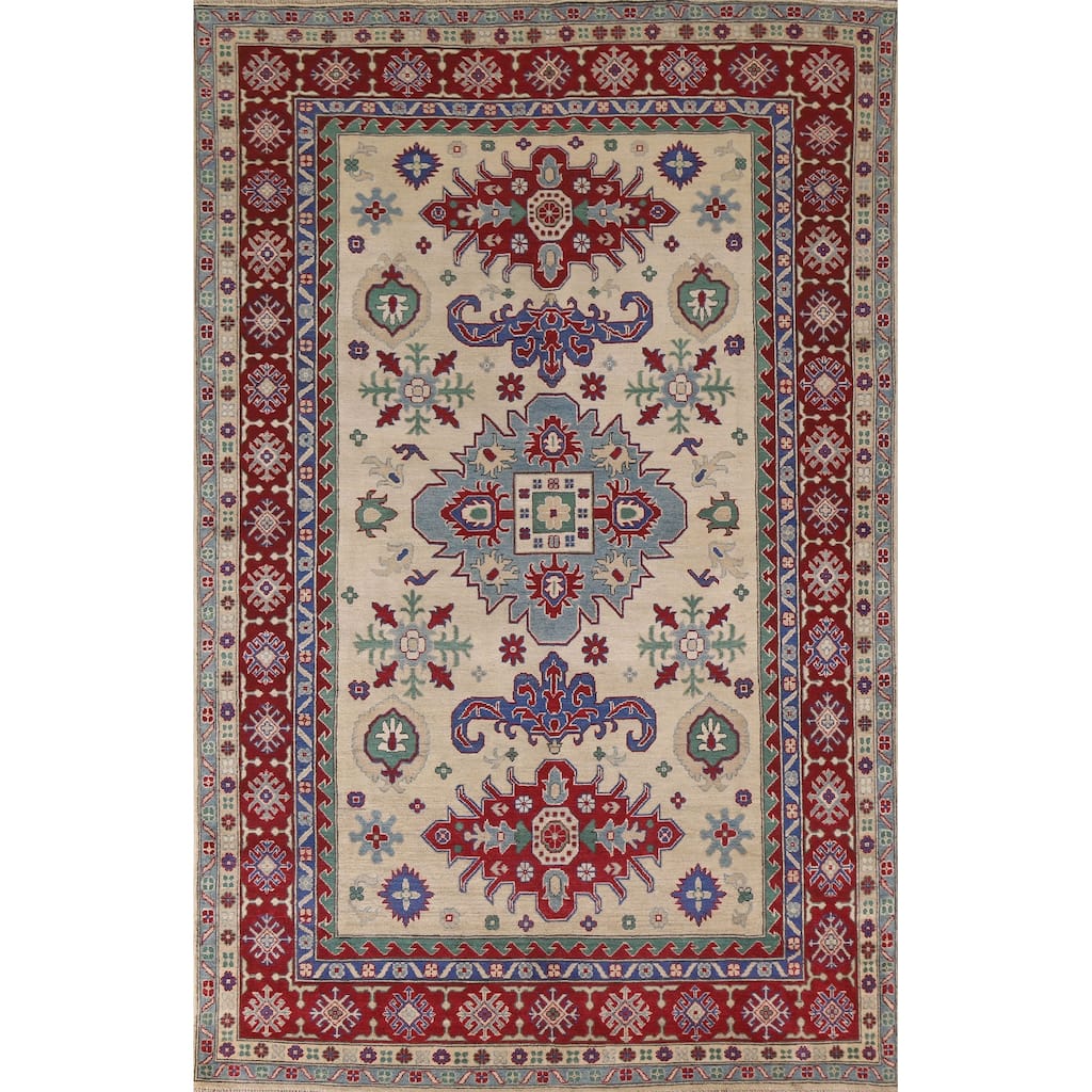 Hand Knotted Oriental 100% Wool Carpet Traditional Geometric Beige & Ivories Kazak Area Rug - 10' 1'' X 6' 7''