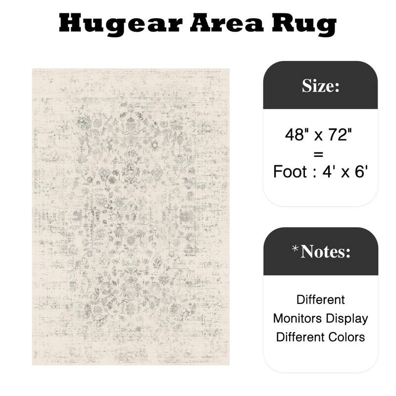Light Grey Machine Washable Area Rug Retro Floral Vintage Low Pile Carpet