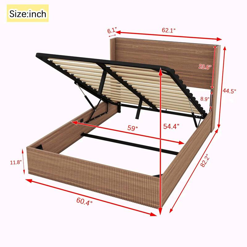 Large Grooved Undulating Lift Storage Bed Frame - Wooden Platform Bed with Lift-Top Storage