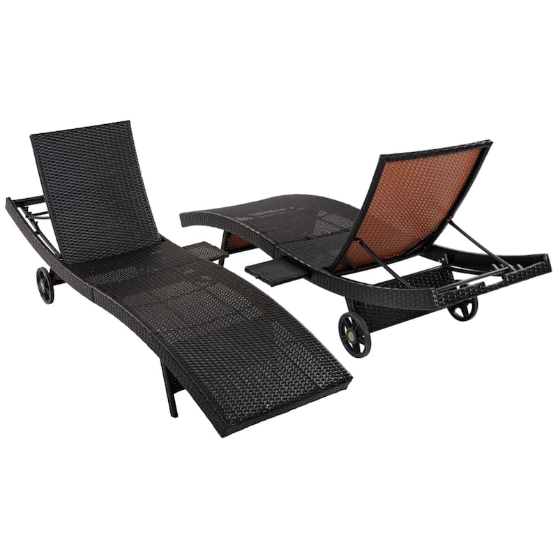 80"Patio Chaise Lounge Chairs Set of 2, Rattan Reclining Chair w/Rolling Wheels & Pull-out Side Table, Adjustable Backrest