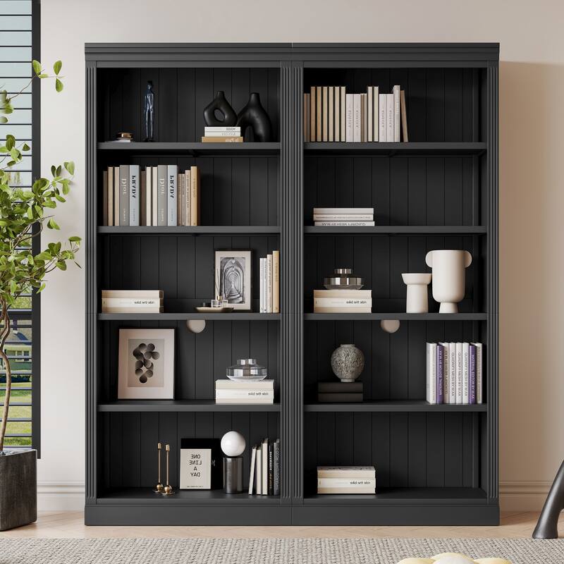 Wood Bookshelves Set of 2, 83" 5-Tier Open Bookcases with LED Light Bar, Modern Floor Storage Cabinet with Adjustable Shelves