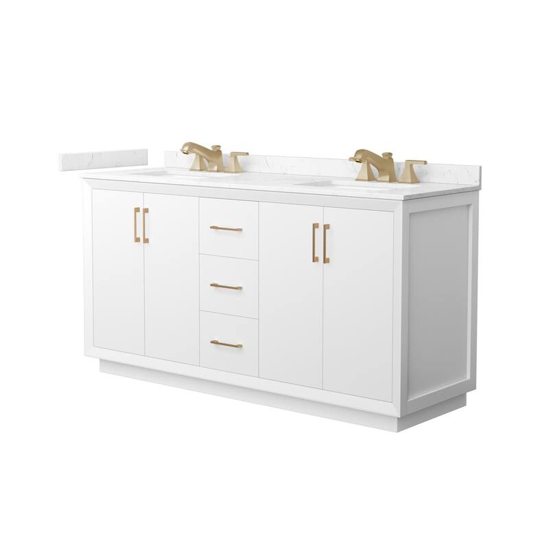 Wyndham Collection WCF4141-66D-VCA-US3MXX Strada 66" Free Standing - White / Carrara Cultured Marble Top / Satin Bronze